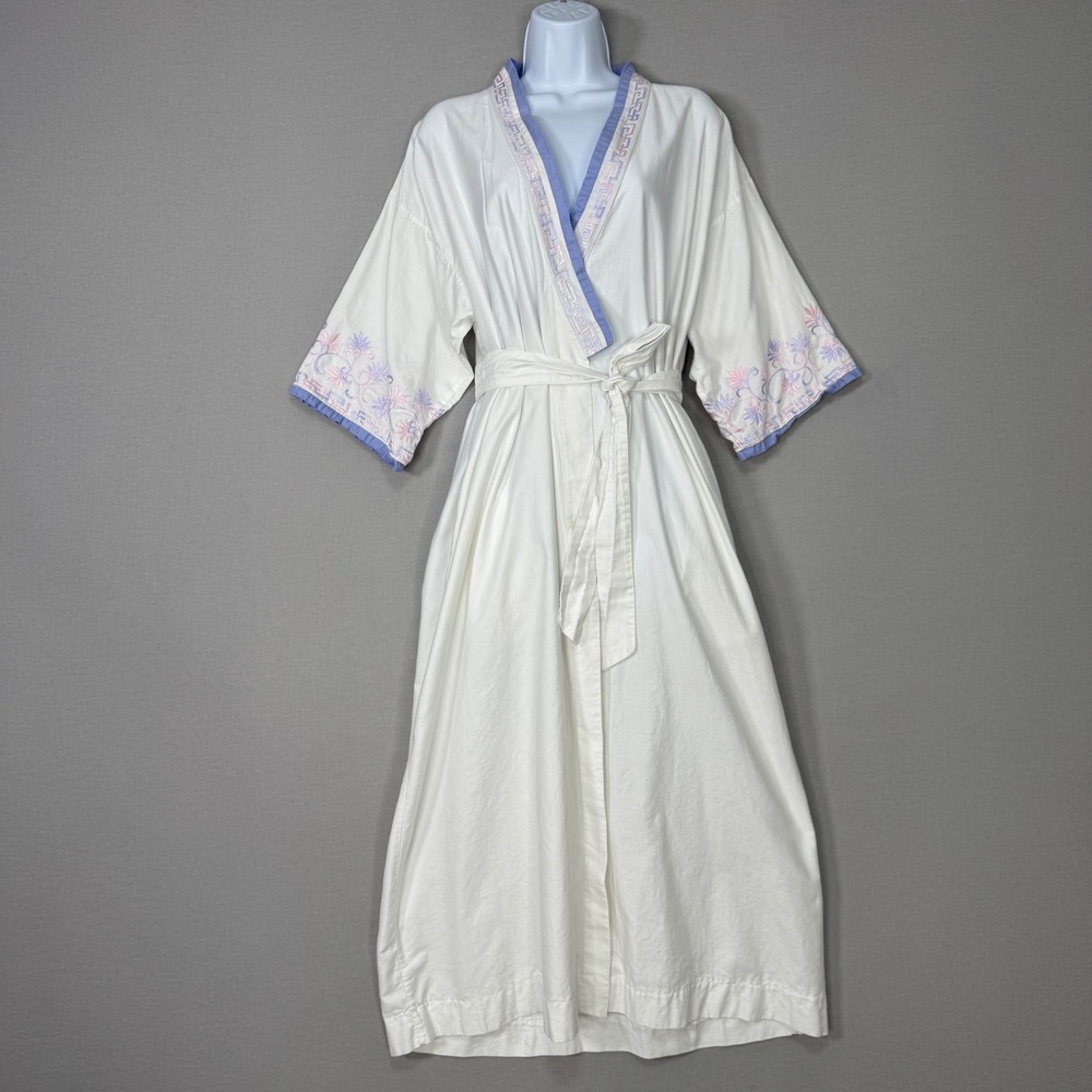 Vintage Christian Dior Long Robe Womens OS White 80s Embroidered Sleepwear Gown